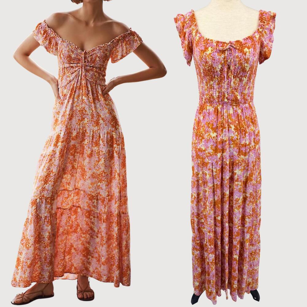 Anthropologie L Space Lucia Smocked Maxi Dress Orange/Yellow